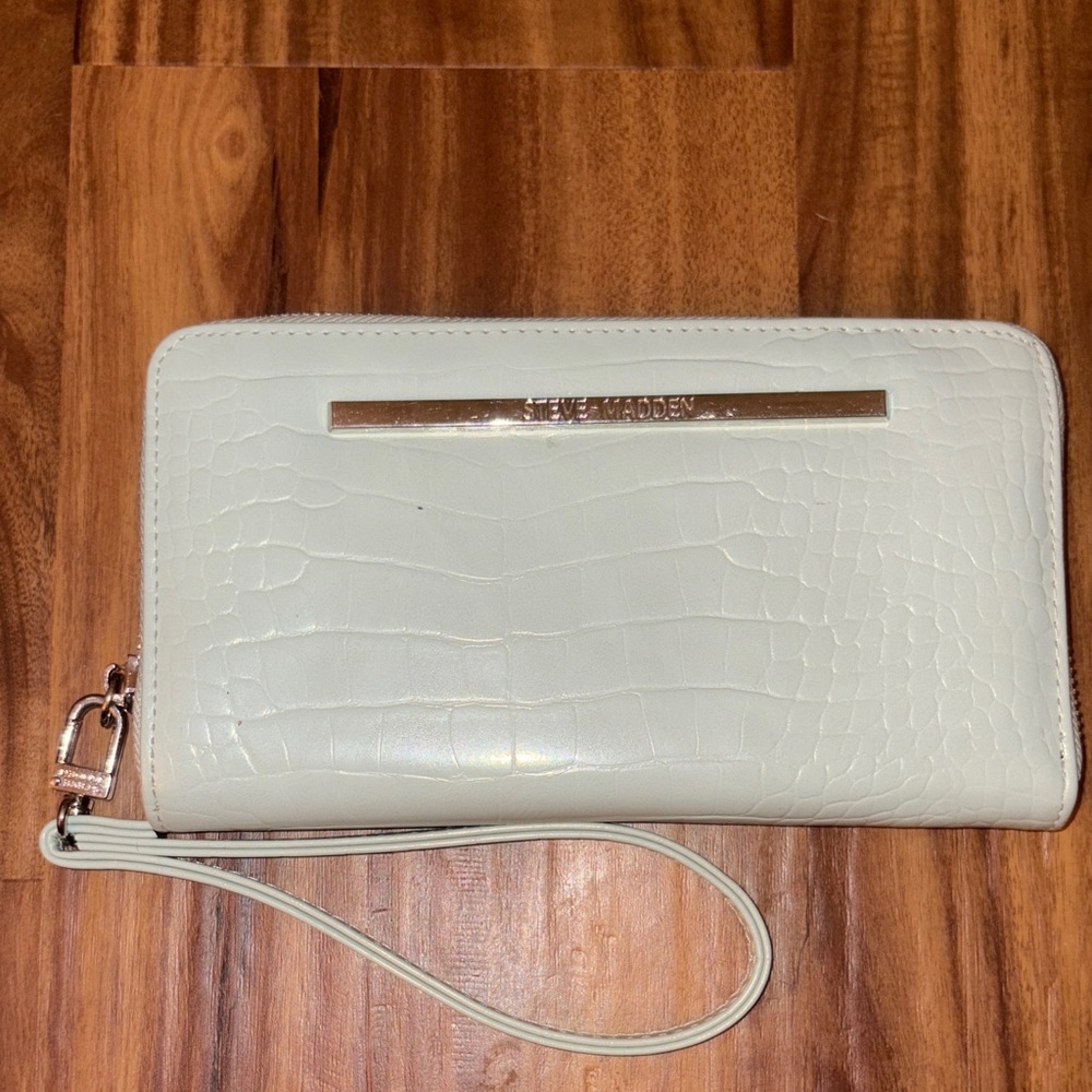 Steve Madden Cream Croc-Embossed Wristlet